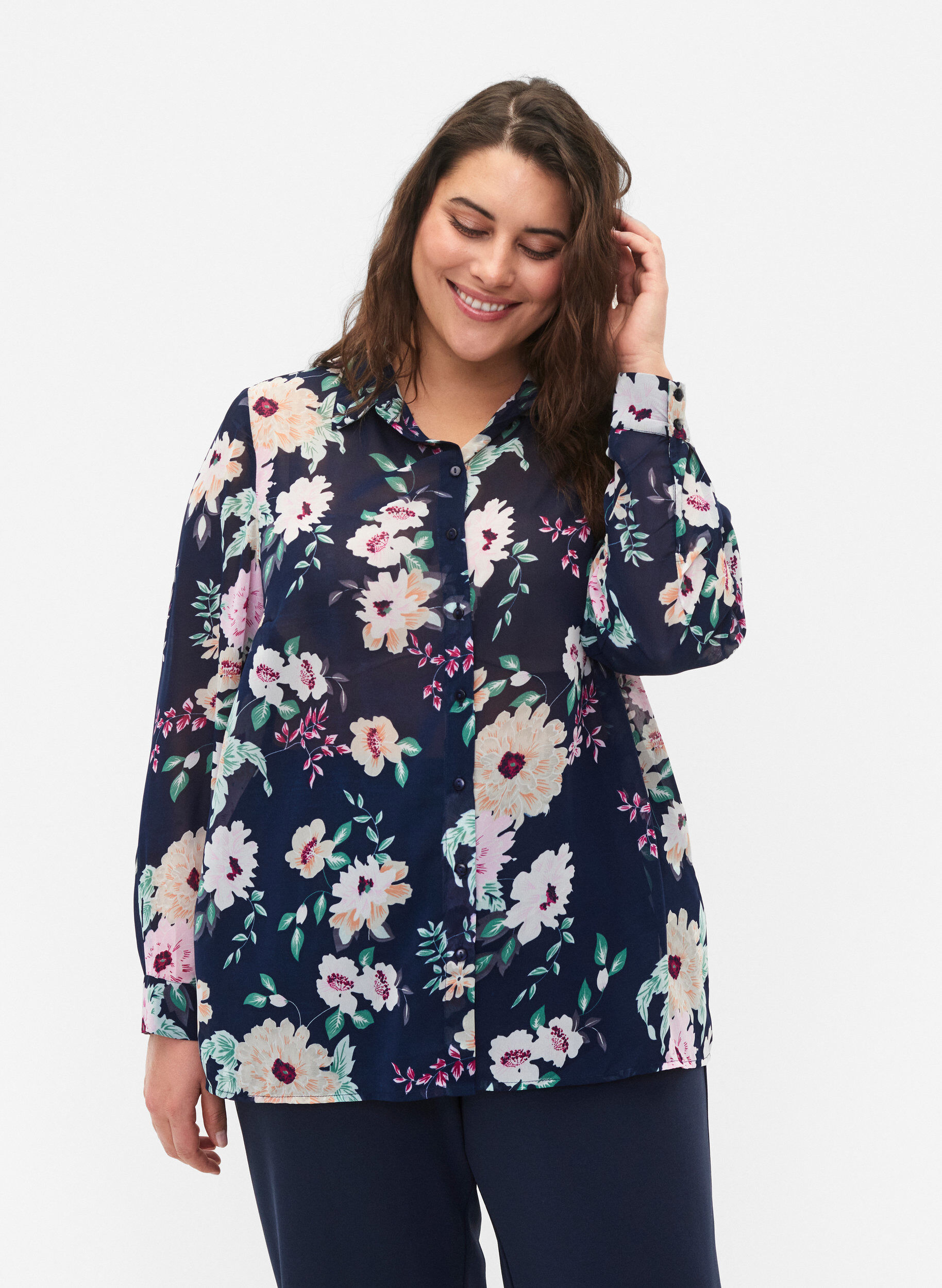 Zizzi FLASH - Shirt met lange mouwen en bloemenprint, Navy Flower, Model image number 0