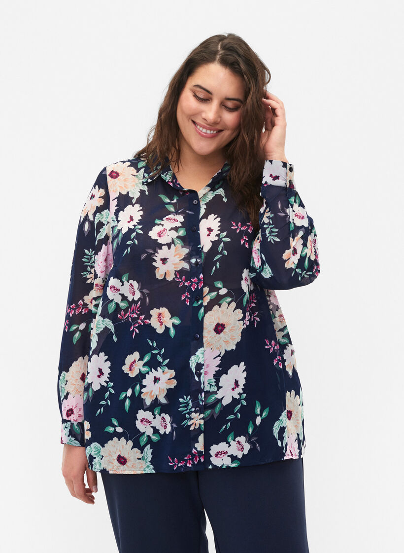 FLASH - Shirt met lange mouwen en bloemenprint, Navy Flower, Model image number 0