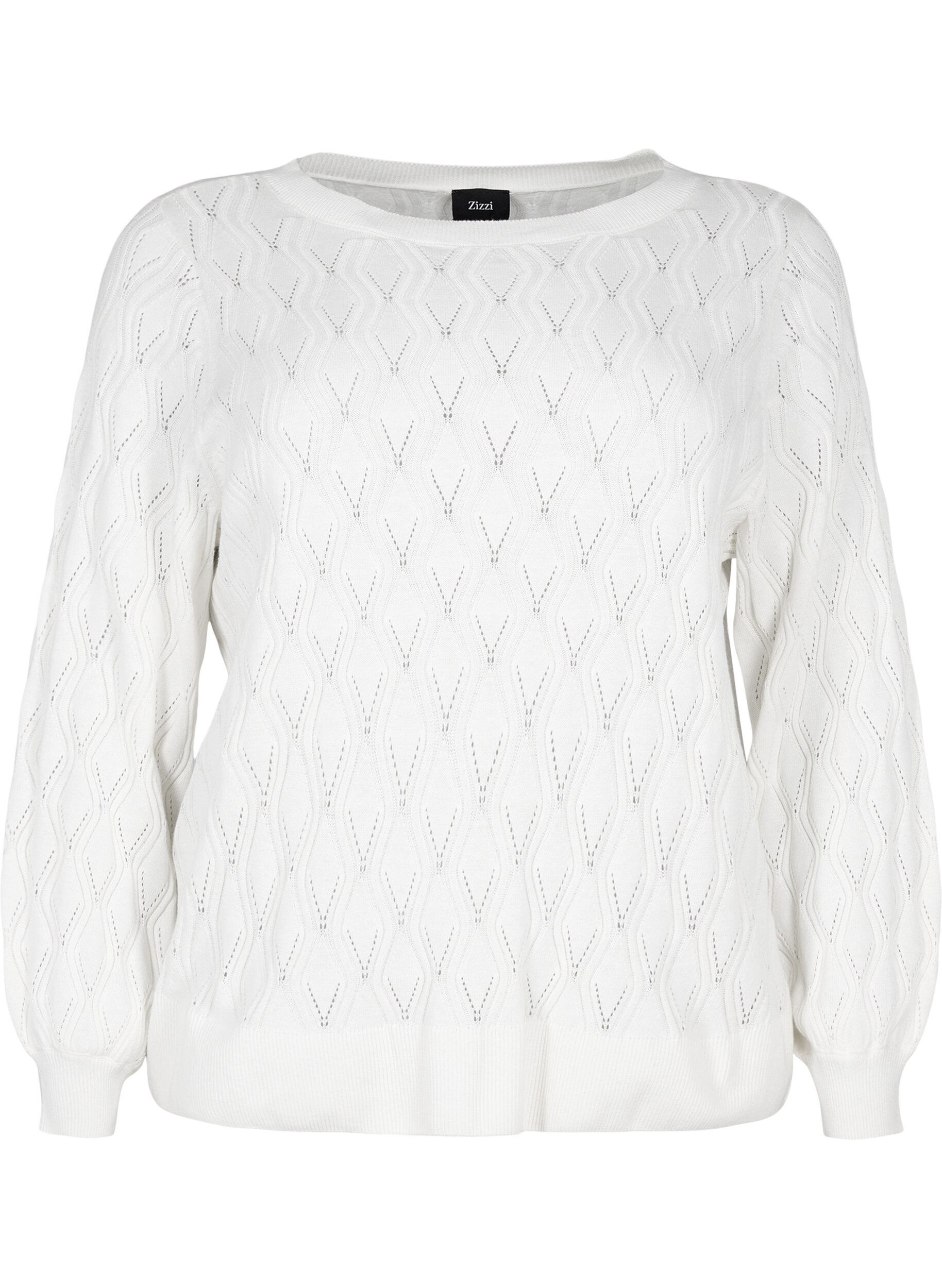 Zizzi Pullover met gatenpatroon en boothals	, Cloud Dancer, Packshot image number 0