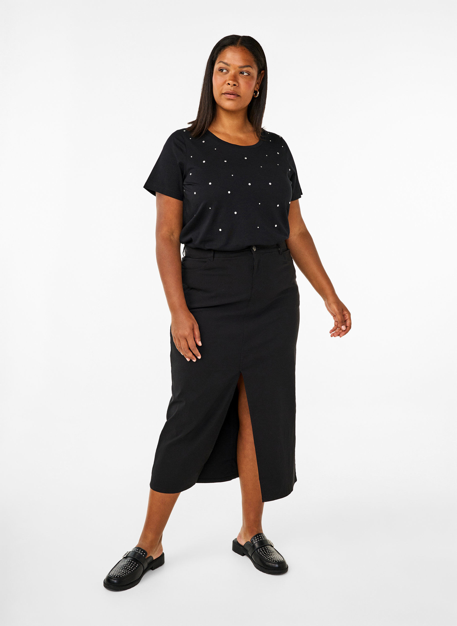 Zizzi Katoenen T-shirt met strassteentjes, Black, Model image number 3