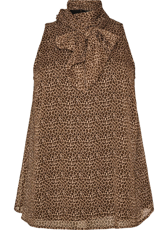 Mouwloze blouse met hoge hals en een strik, Bruin, Packshot image number 0