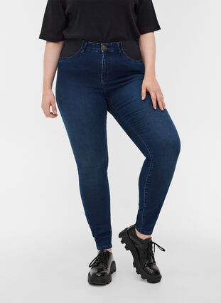 Super slim fit Amy jeans met elastiek in de taille, Dark blue denim, Model image number 3