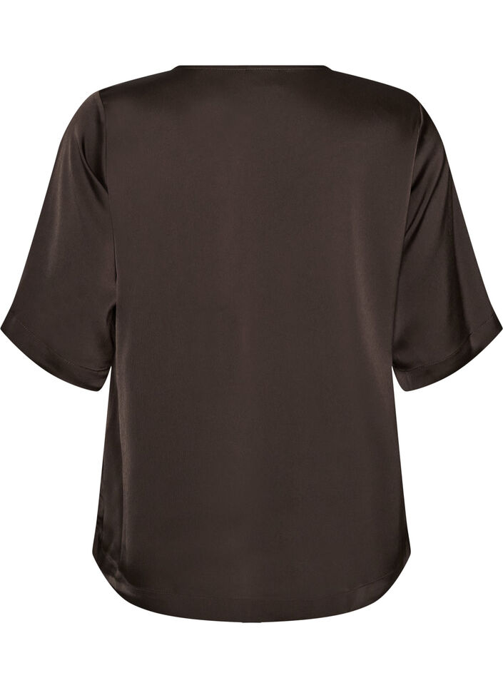 Satijnen blouse met ellebooglange mouwen, Bruin, Packshot image number 1