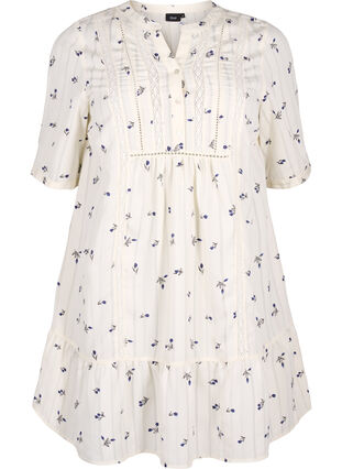 Korte viscose jurk met kanten rand en A-lijn snit, Birch w. Flower, Packshot image number 0