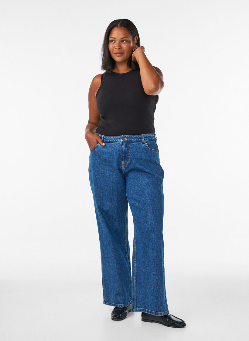 Jeans met wijde pijpen en hoge taille, Blauw, Model image number 0