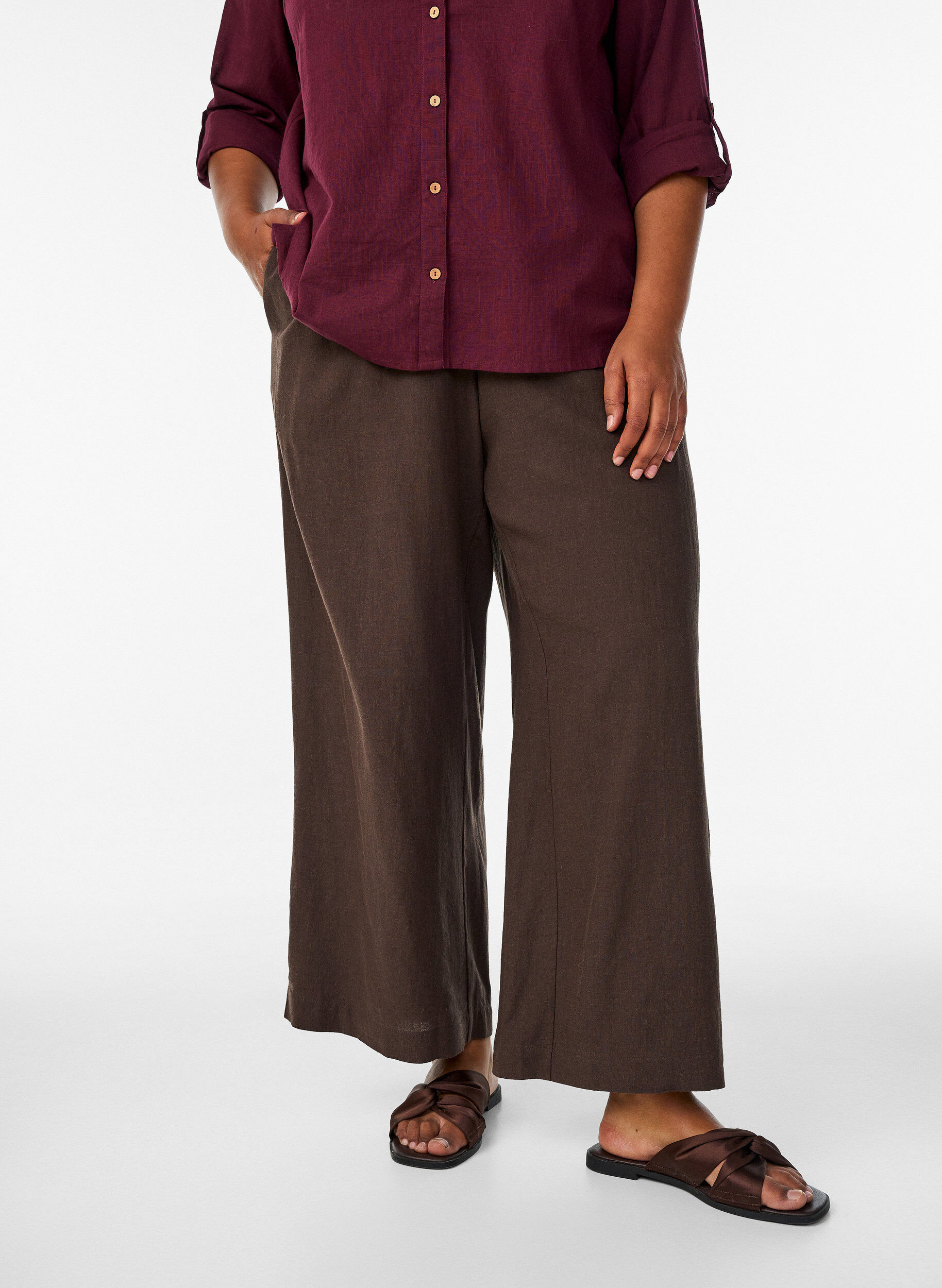 ZizziWijde linnen en viscose broek, Bruin, Model image number 2