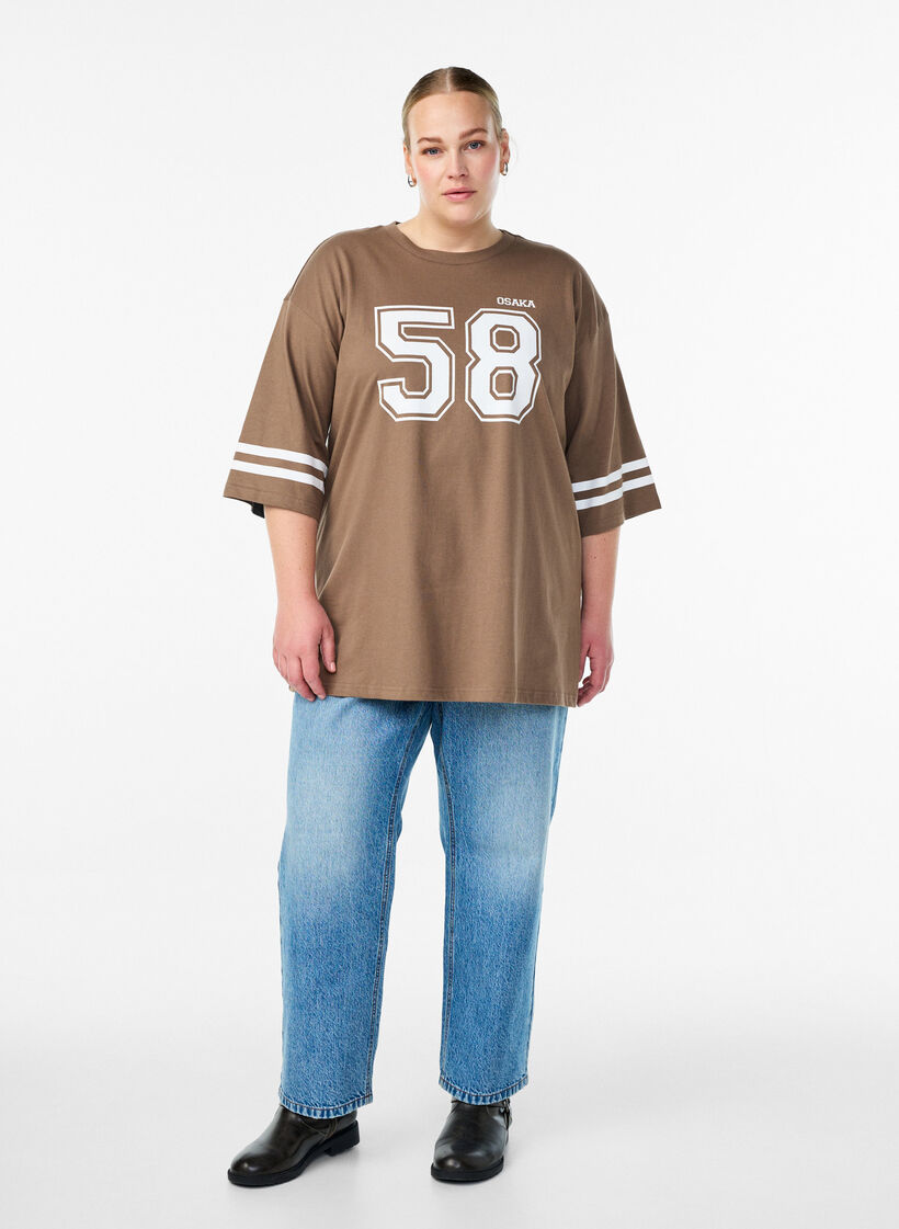 Oversized college T-shirt met 3/4 mouwen, Bruin, Model image number 1