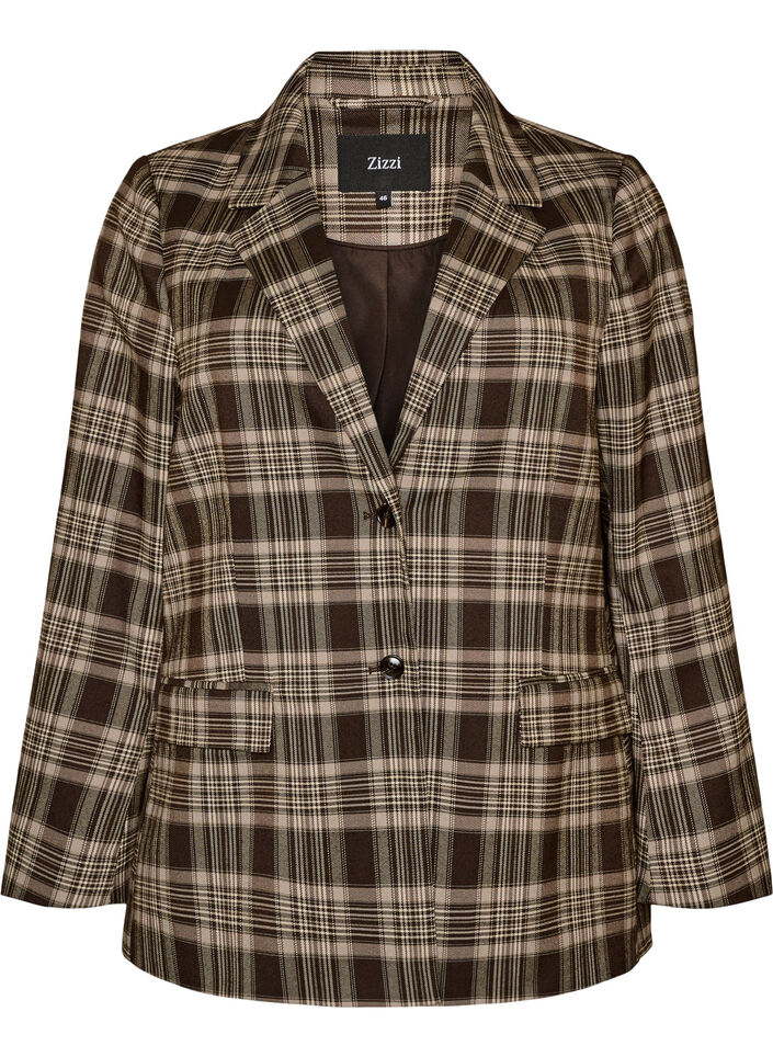 Geruite blazer met zakken en split achteraan, Bruin, Packshot image number 0