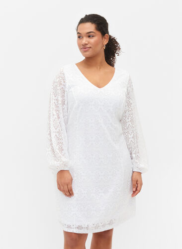 Kanten jurk met v-snit en lange mouwen, Bright White, Model image number 0