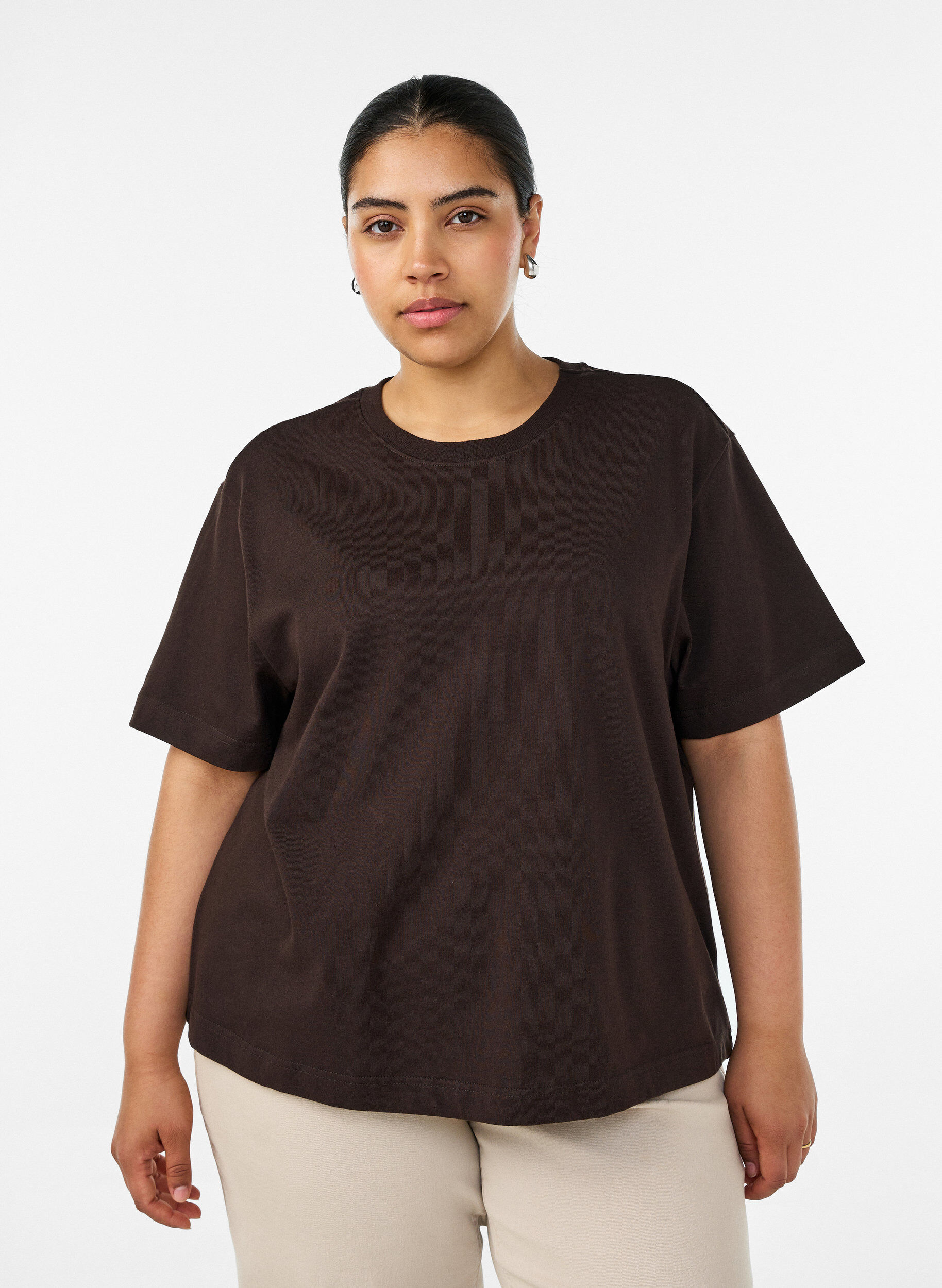Boxy katoenen T-shirt, Bruin, Model