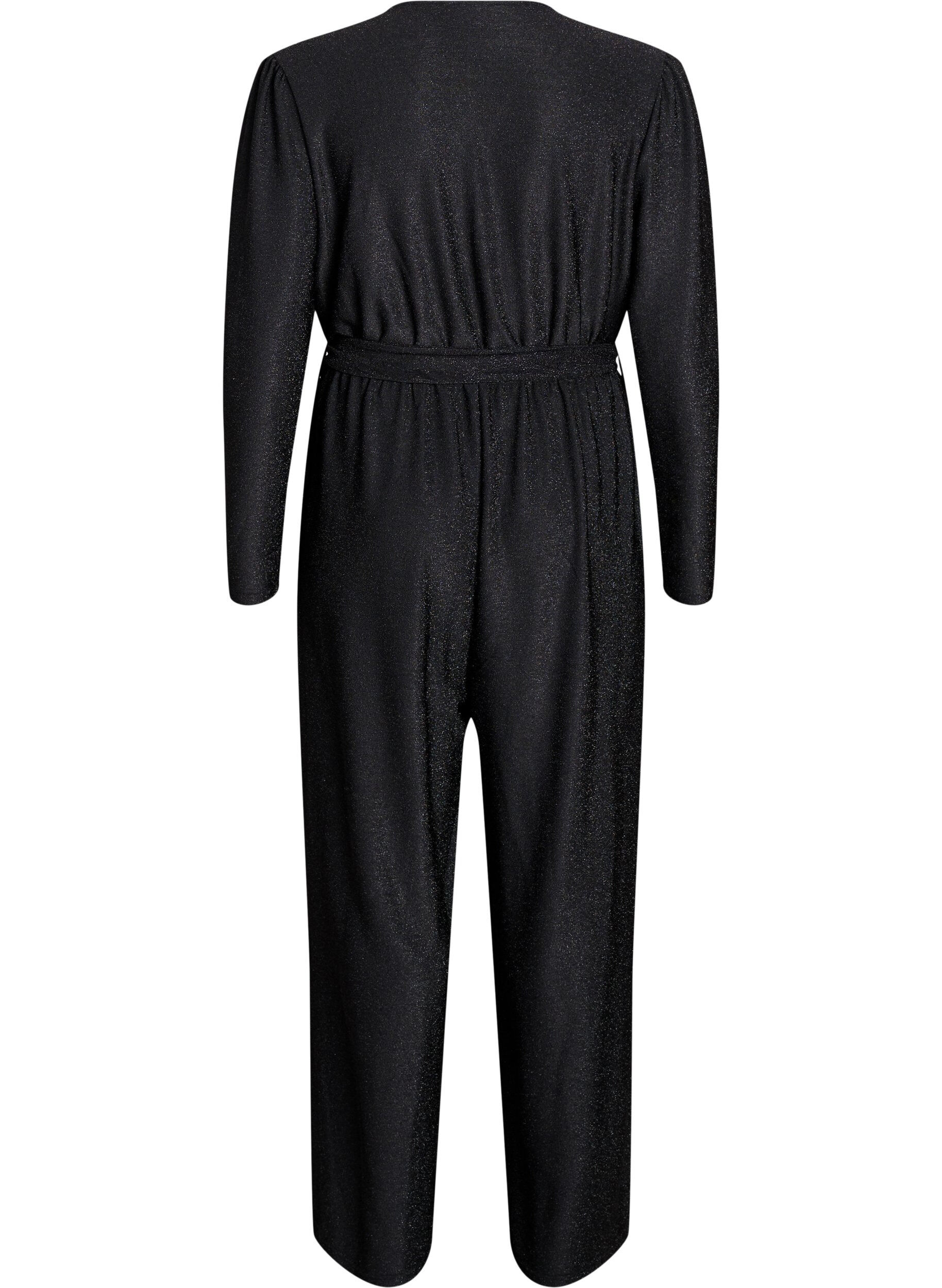 Zizzi Jumpsuit met glitter en strikceintuur, Zwart, Packshot image number 1