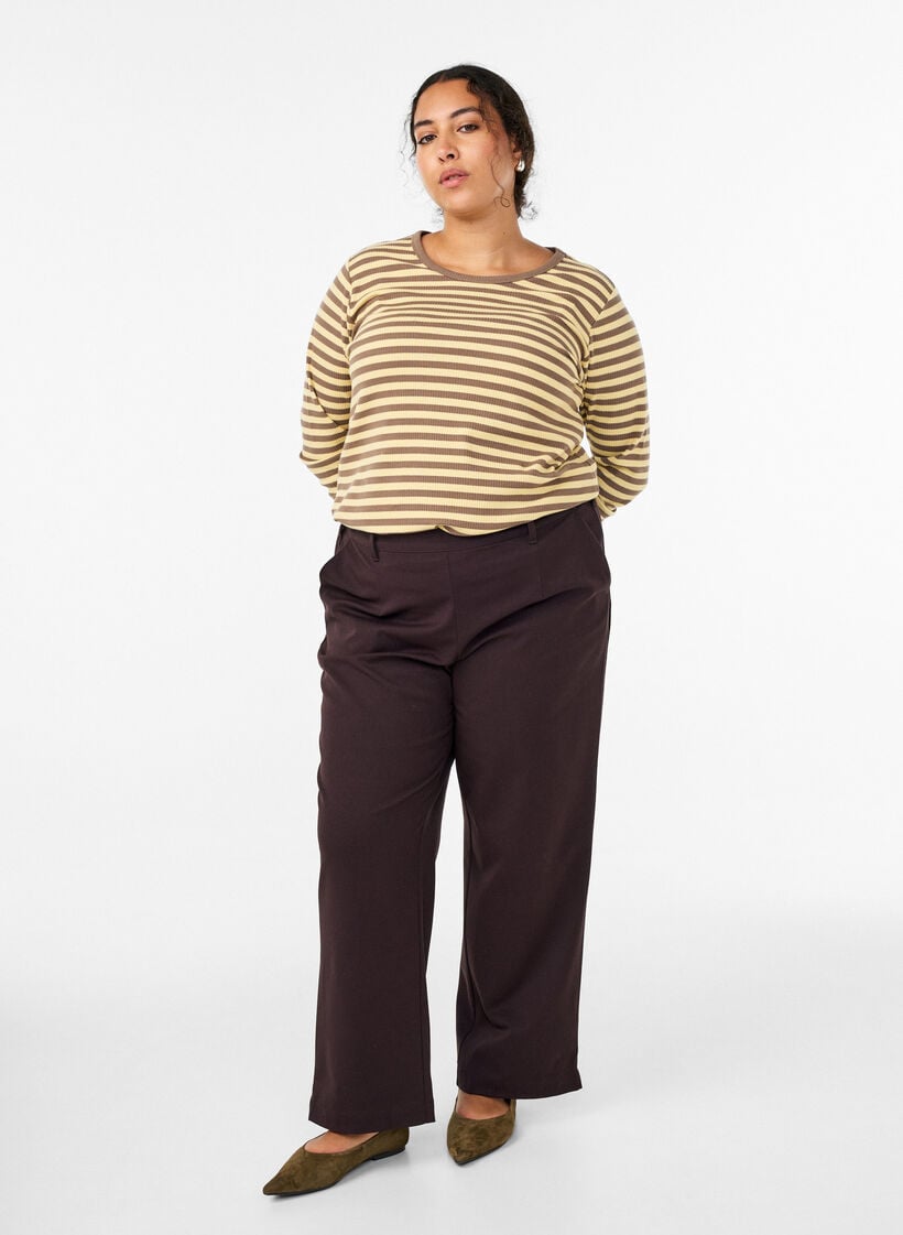 Gestreepte blouse met lange mouwen, Bruin, Model