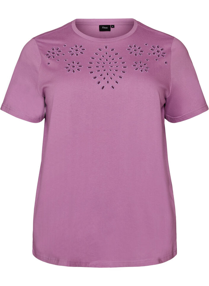T-shirt van biologisch katoen met open broderie, Paars, Packshot image number 0