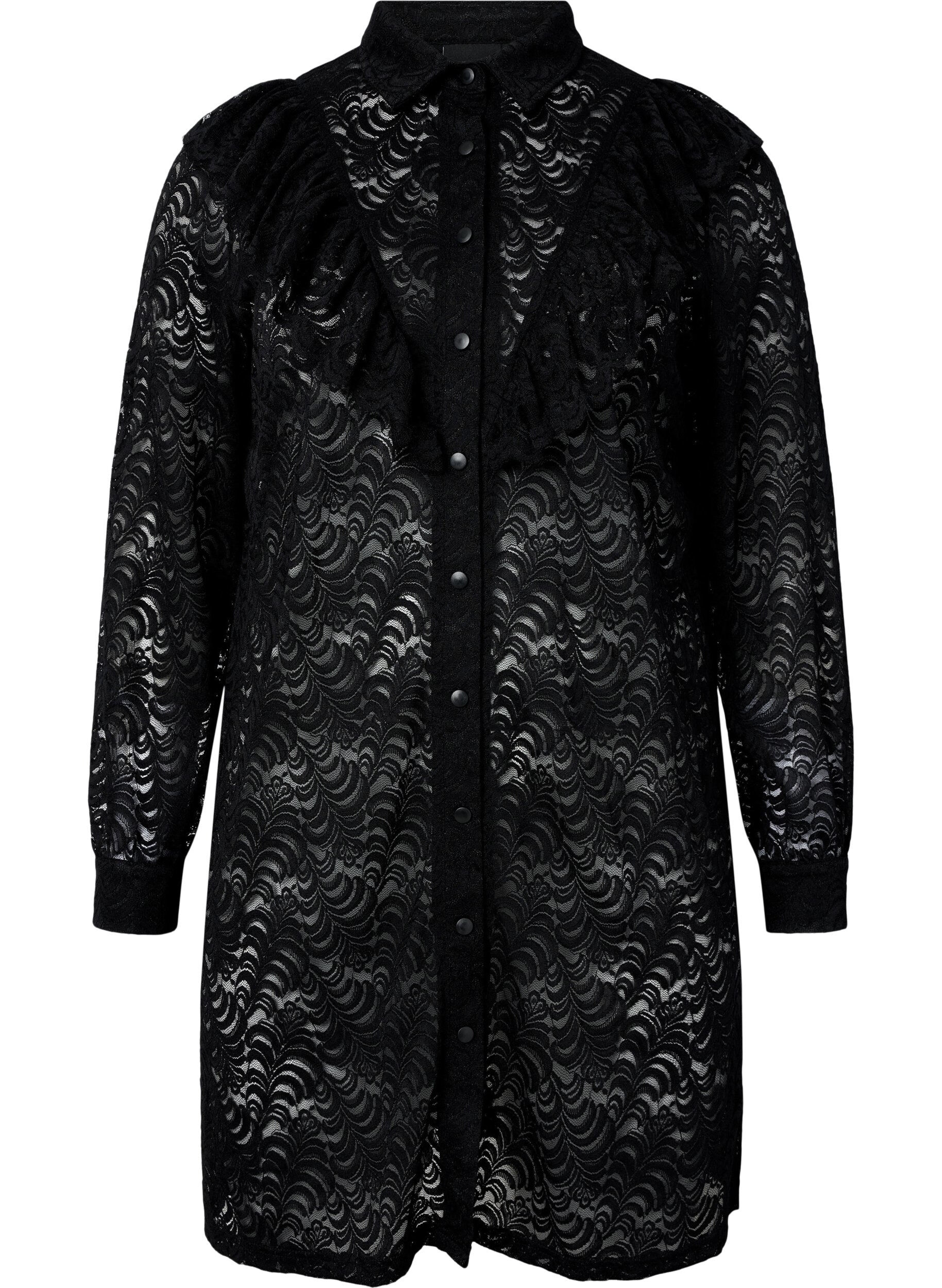 Zizzi Kanten overhemdjurk met ruches, Black, Packshot image number 0