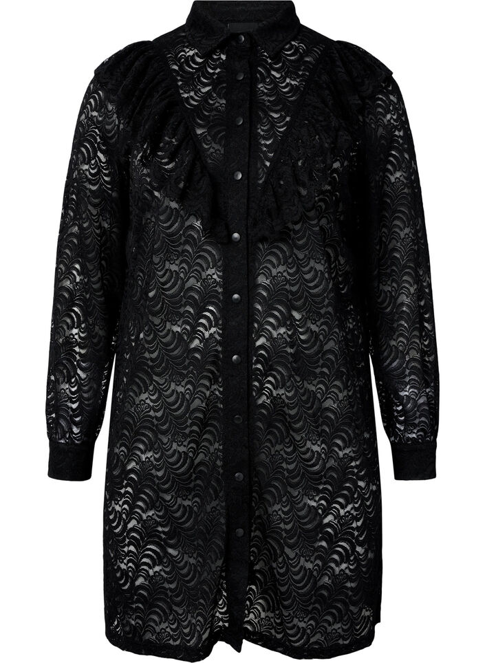 Kanten overhemdjurk met ruches, Black, Packshot image number 0