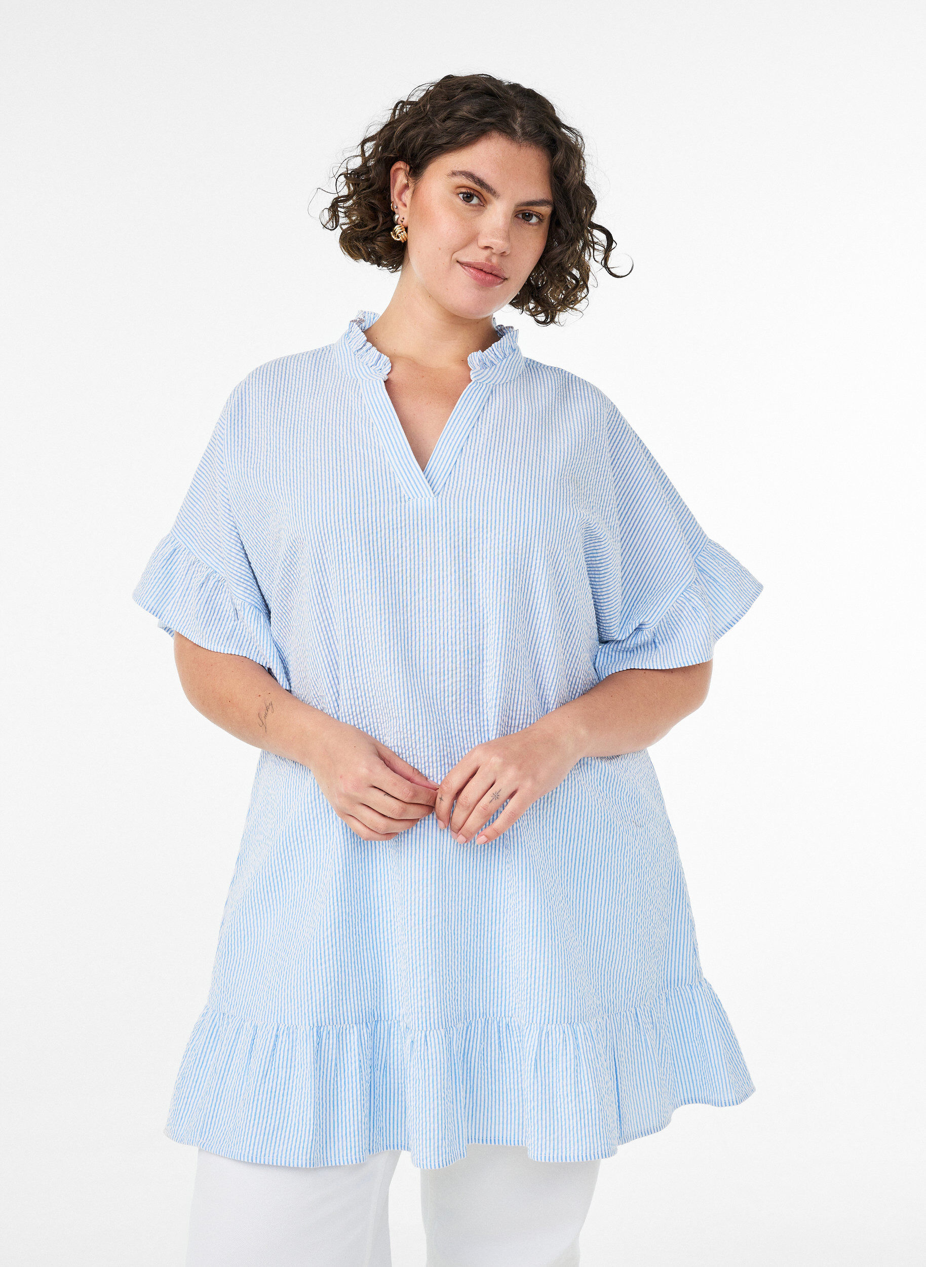 ZizziKatoenen tuniek met strepen en ruchesdetails, Blauw, Model image number 0