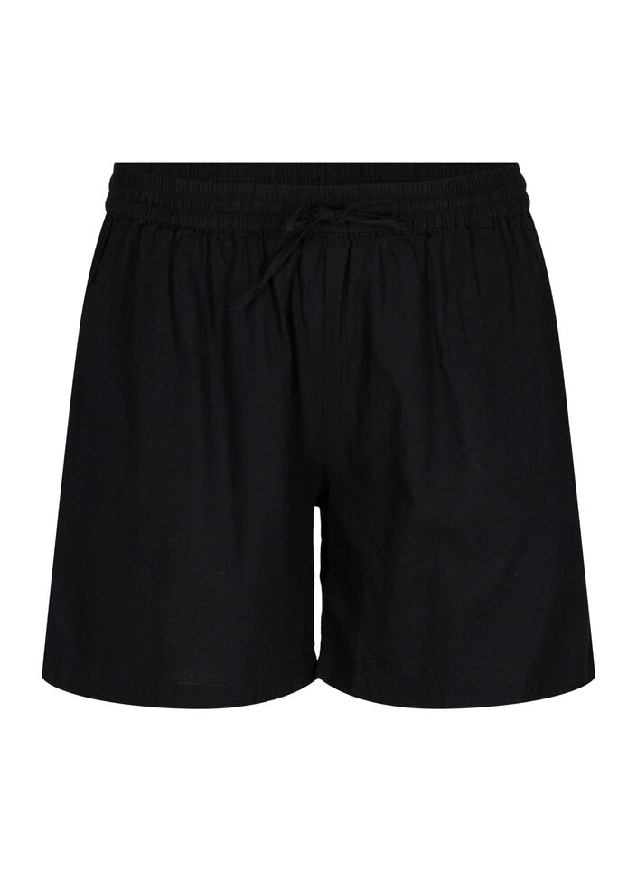 Losse shorts in katoenmix met linnen, Black, Packshot image number 0