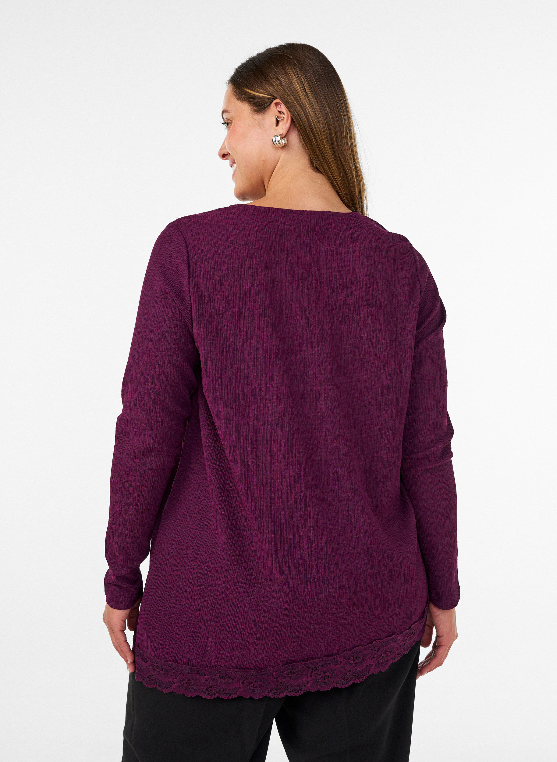 ZizziJersey blouse met asymmetrische kanten rand, Paars, Model image number 2