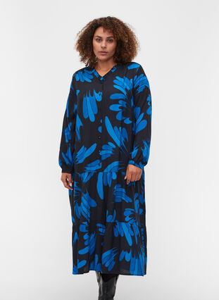 Viscose midi-jurk met knopen en print, Dark Blue AOP, Model image number 0