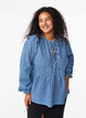 Gestreepte denim blouse met strik aan de voorkant, Blauw, Model image number 0