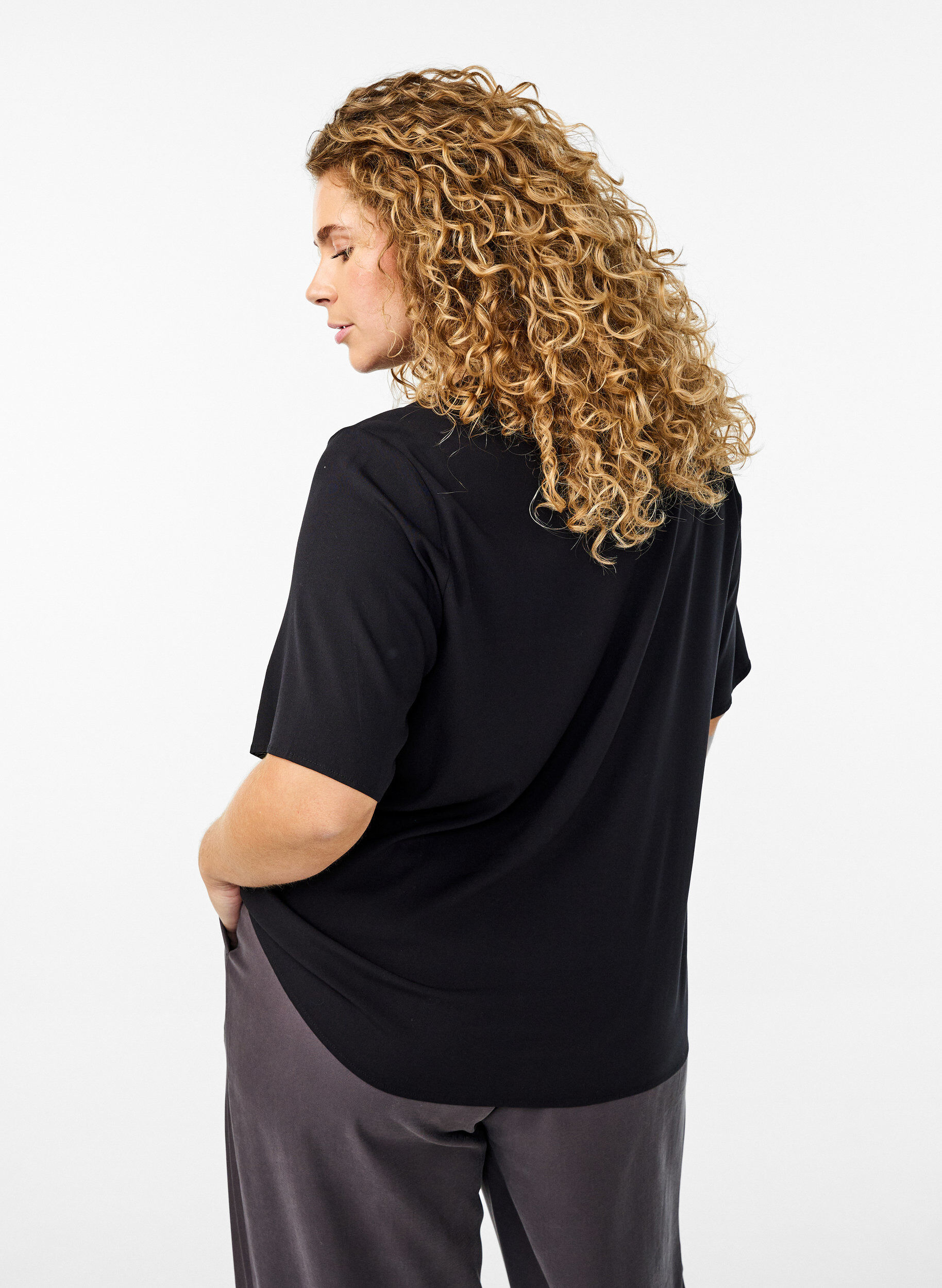 ZizziGeweven blouse met korte mouwen en ronde hals, Zwart, Model image number 2