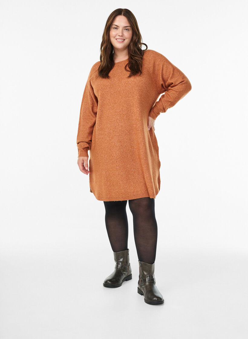 Korte gebreide jurk met ronde hals, Oranje, Model image number 1