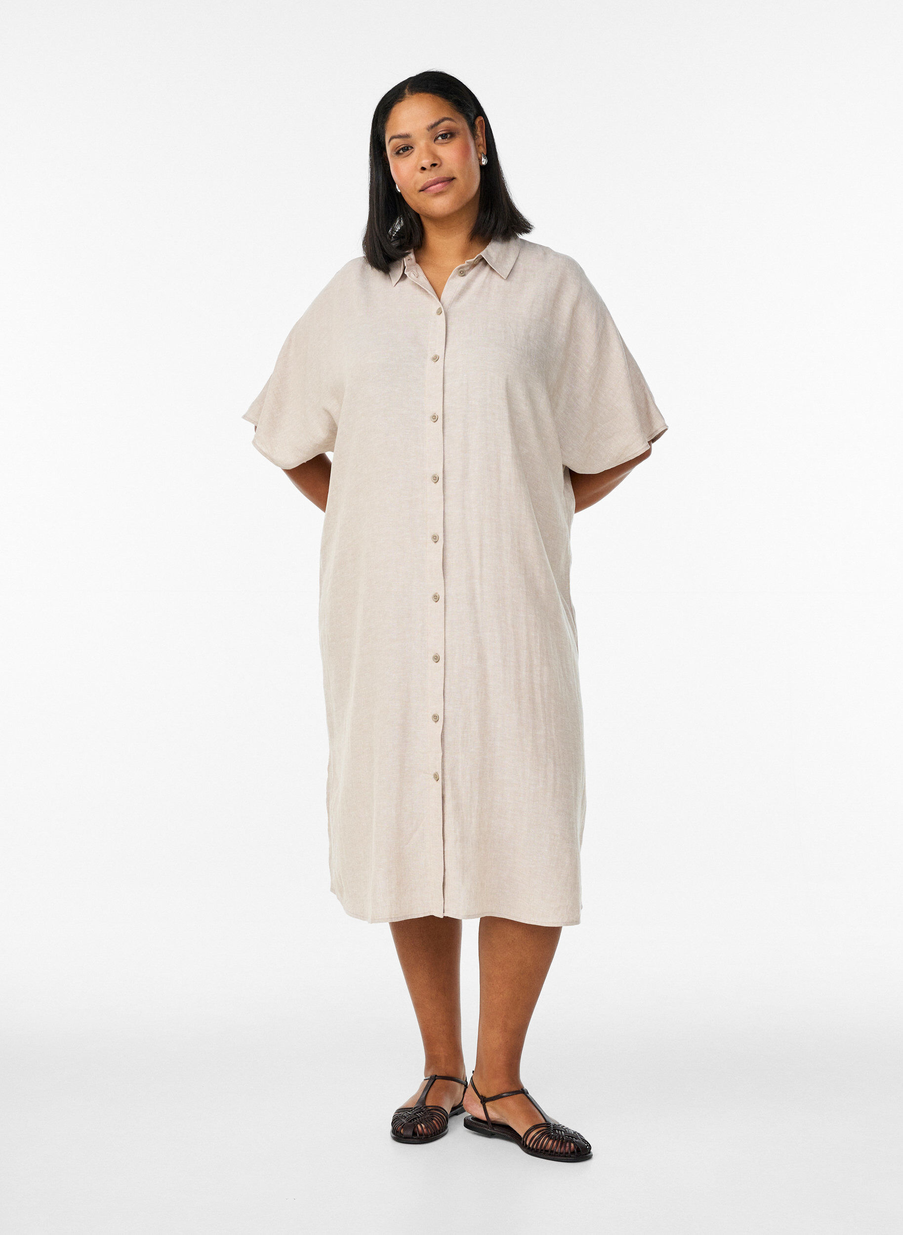 Zizzi Shirtjurk in linnen en viscose met korte mouwen, Beige, Model image number 1