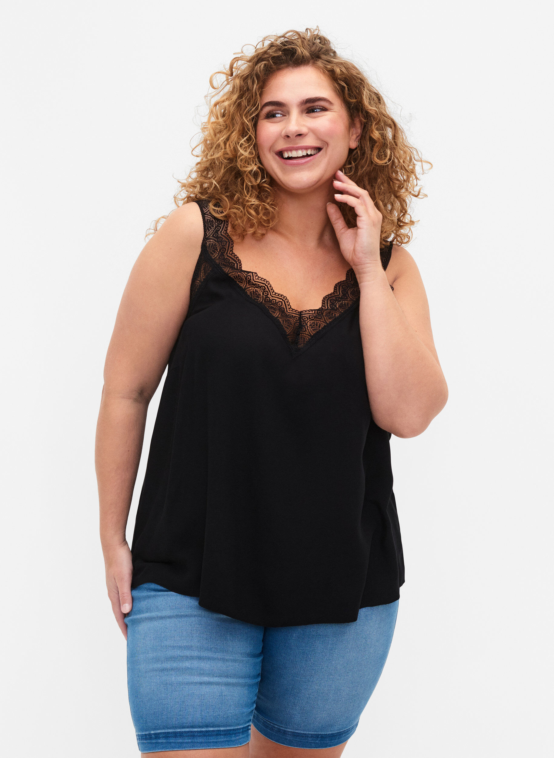 Zizzi Kanten topje van viscose, Black, Model image number 0