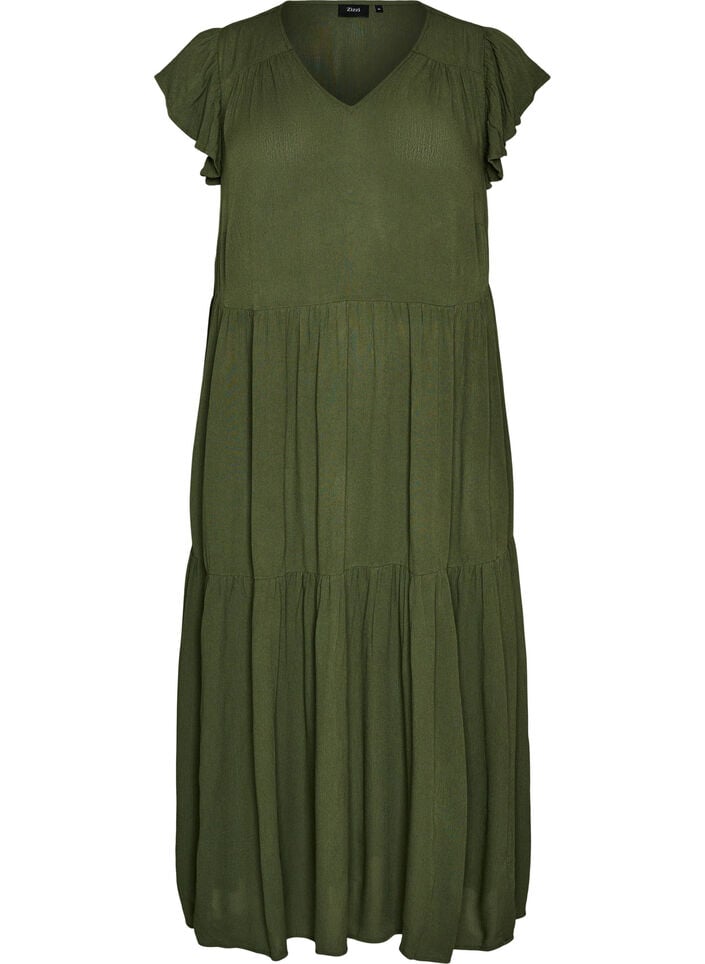 Midi jurk van viscose met ruches mouwen, Groen, Packshot image number 0