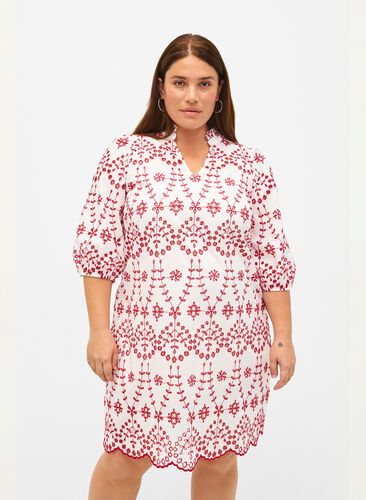 Jurk met contrasterende broderie anglaise, White w. Red, Model image number 0