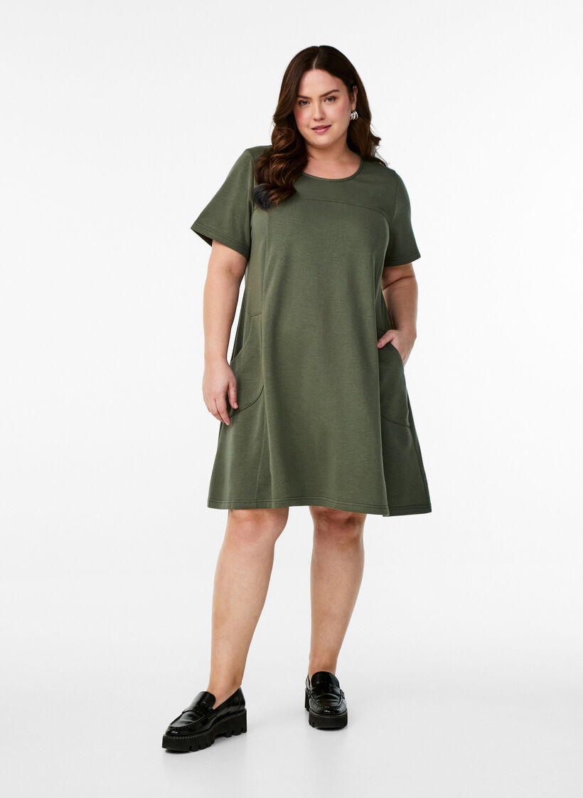 Jersey jurk met korte mouwen en zakken, Groen, Model image number 1