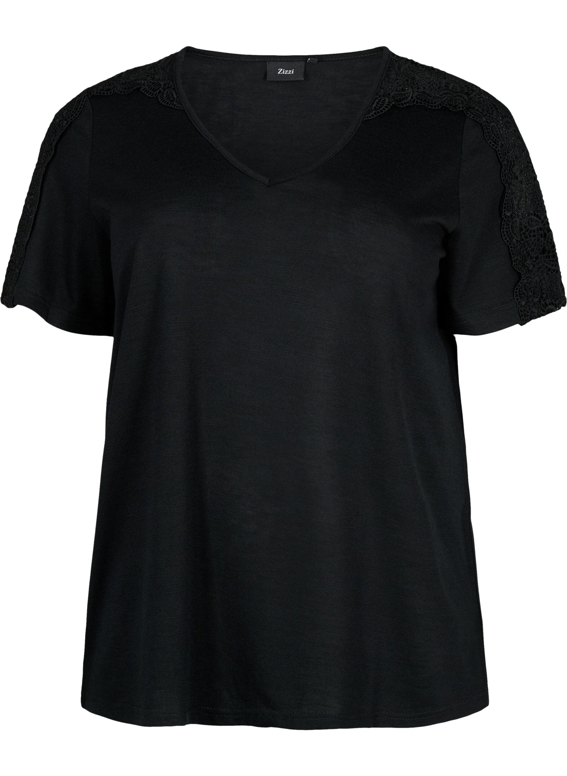 Zizzi Blouse met korte mouwen, kant en v-hals, Black, Packshot image number 0