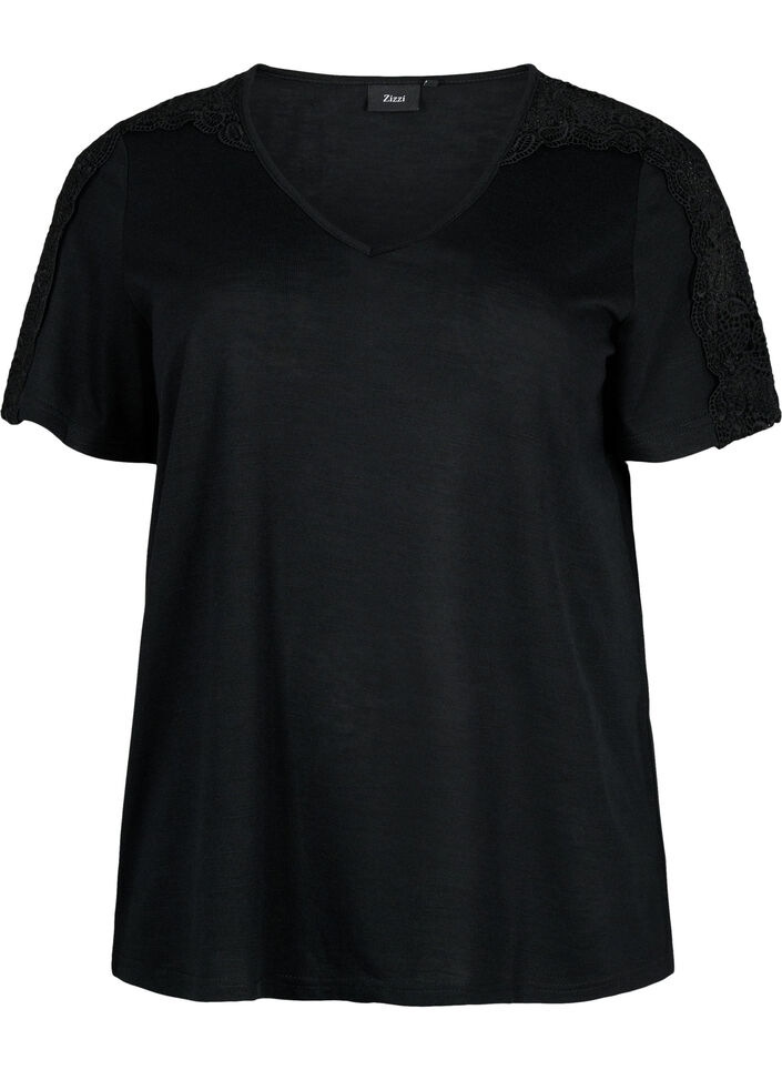 Blouse met korte mouwen, kant en v-hals, Black, Packshot image number 0