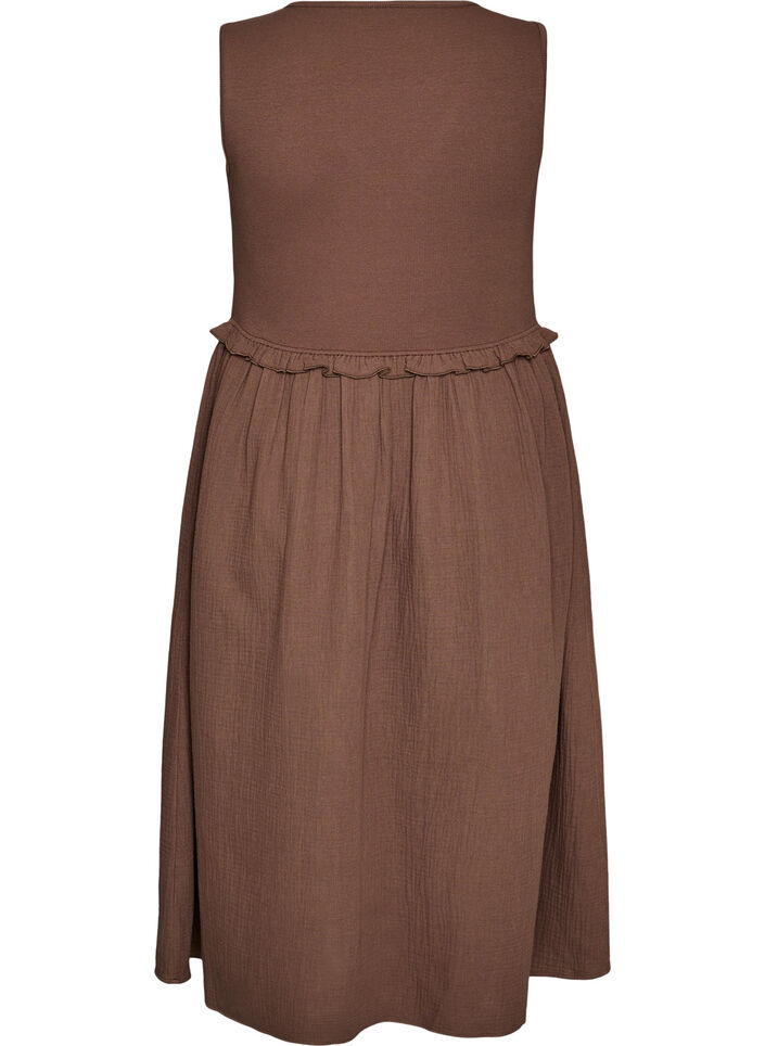Mouwloze katoenen midi-jurk met rib en mousseline, Bruin, Packshot image number 1