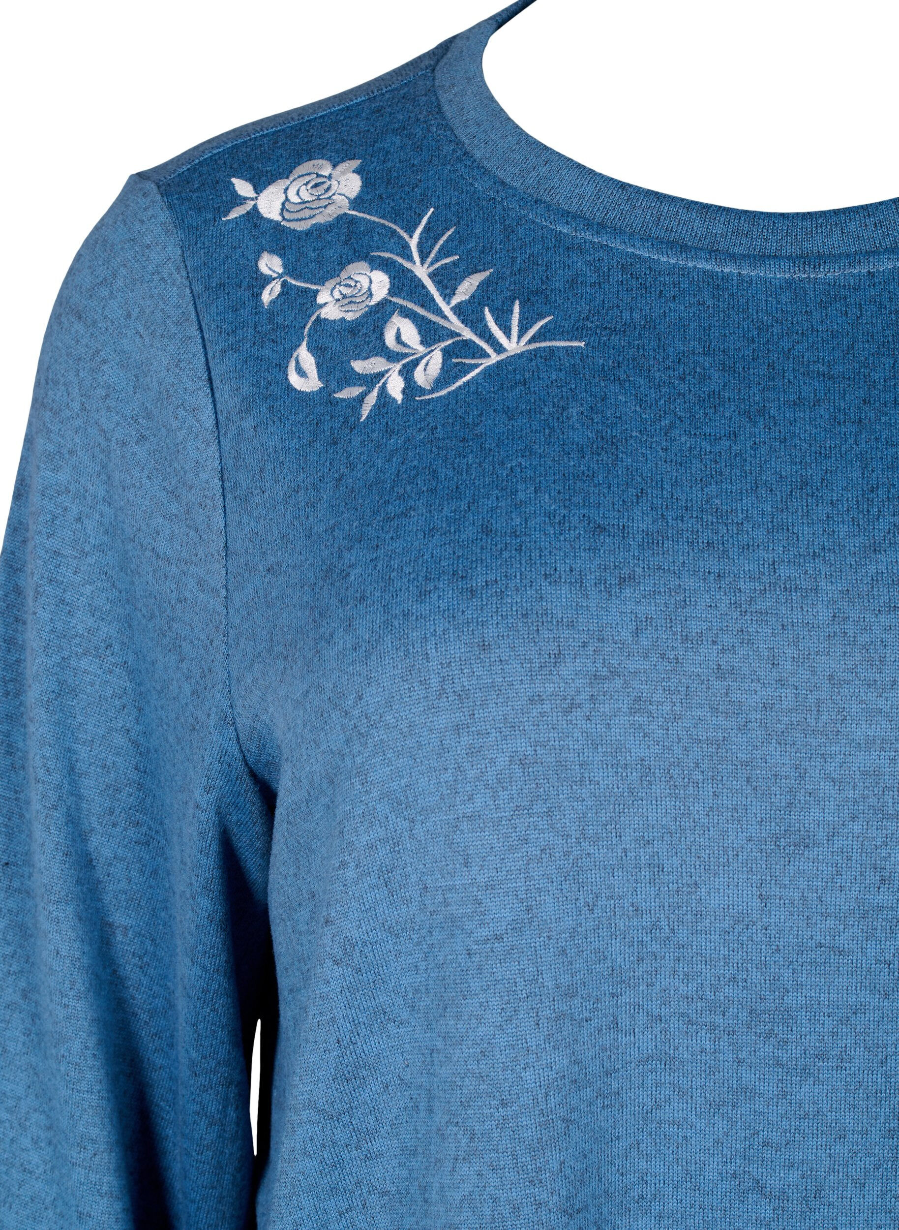 Zizzi Blouse met bloemenborduursel en 3/4 mouwen, Copen Blue Melange, Packshot image number 2