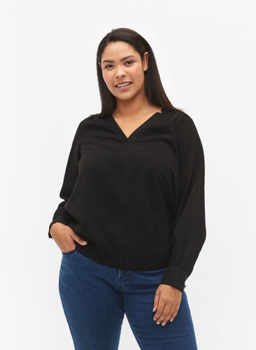 Viscose blouse met v-hals, Black, Model image number 0