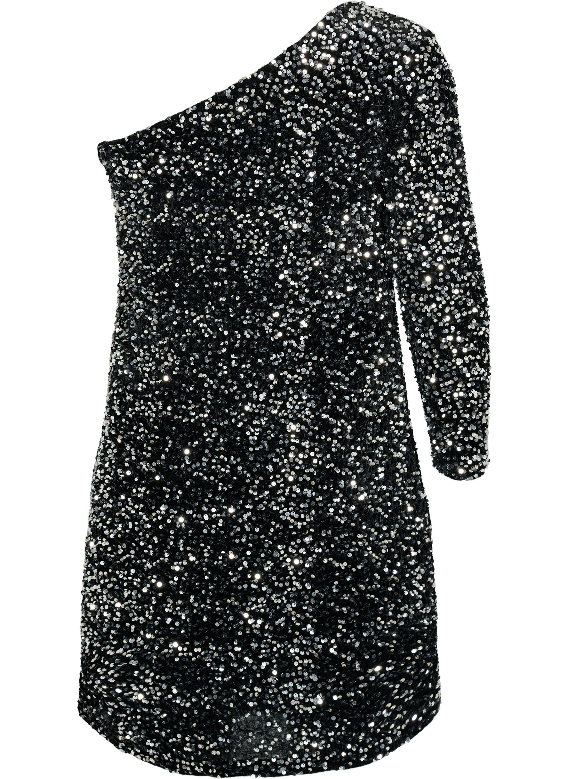 Zizzi Korte one-shoulder jurk met pailletten, Black/Silver Sequins, Packshot image number 1