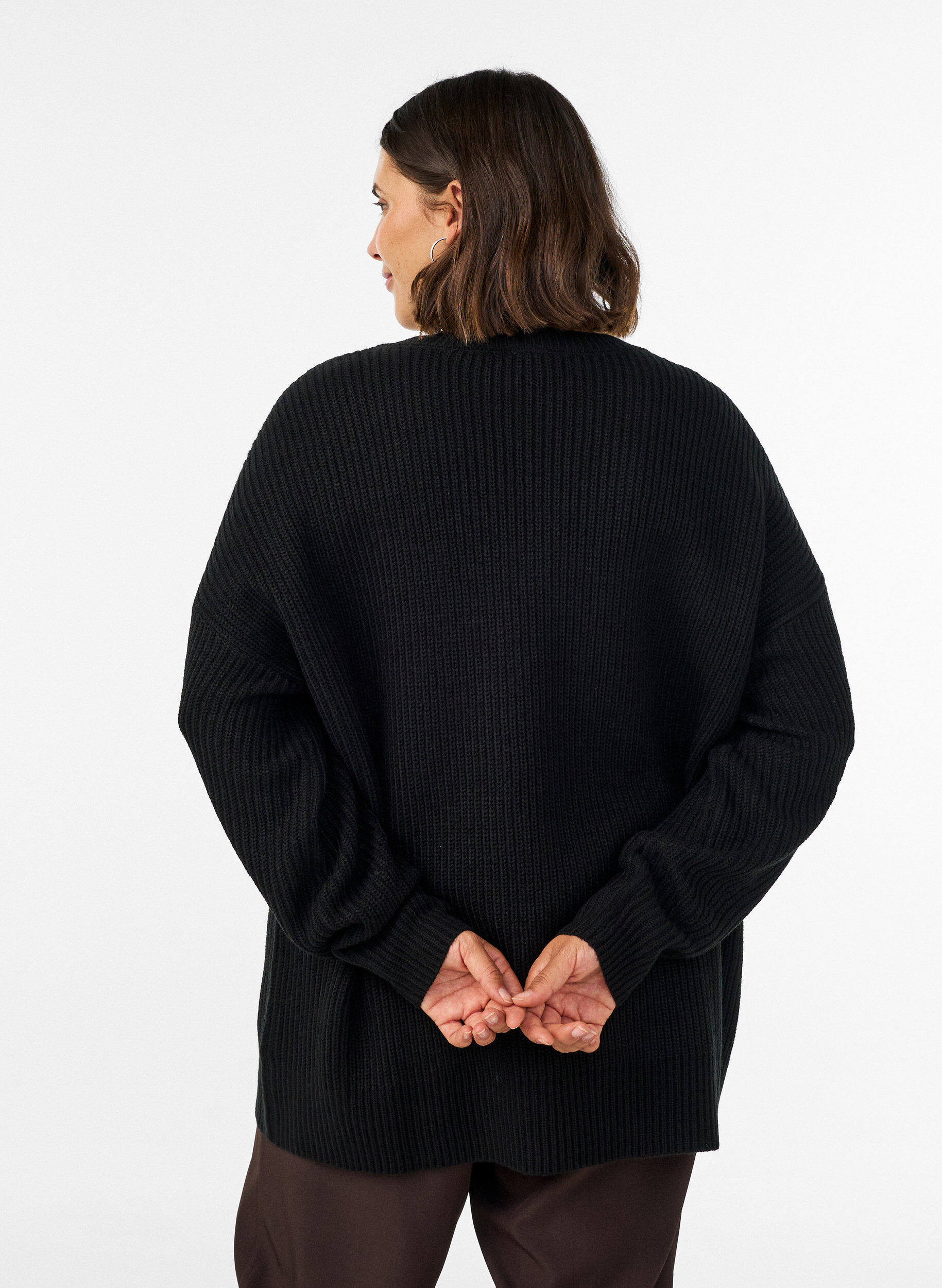 ZizziLange ribgebreide blouse met V-hals, Zwart, Model image number 2