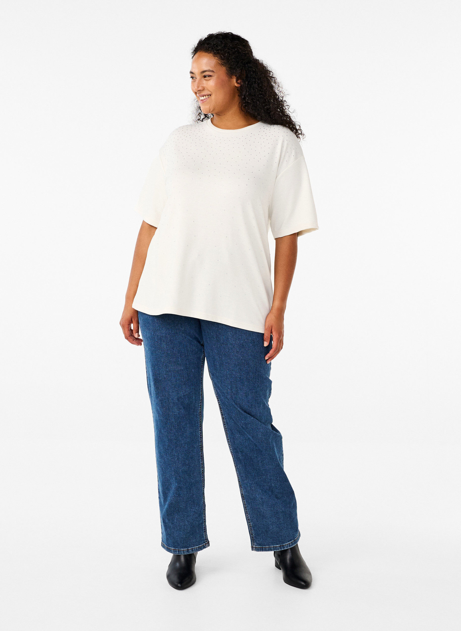 Zizzi T-shirt met strass-steentjes en ronde hals, Wit, Model image number 1