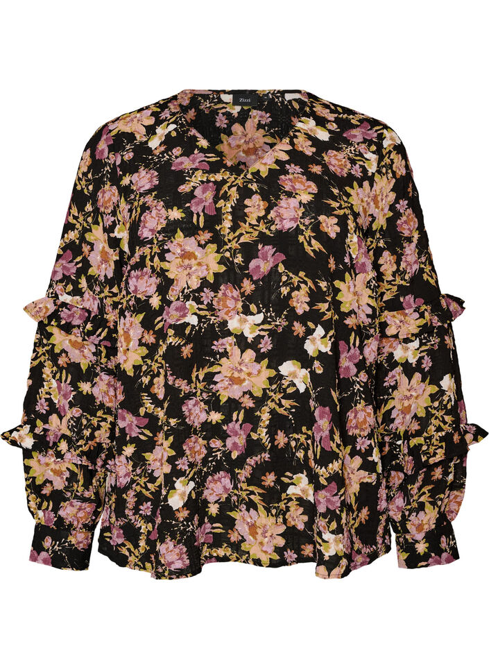Blouse met bloemenprint en ruchesdetails, Zwart, Packshot image number 0