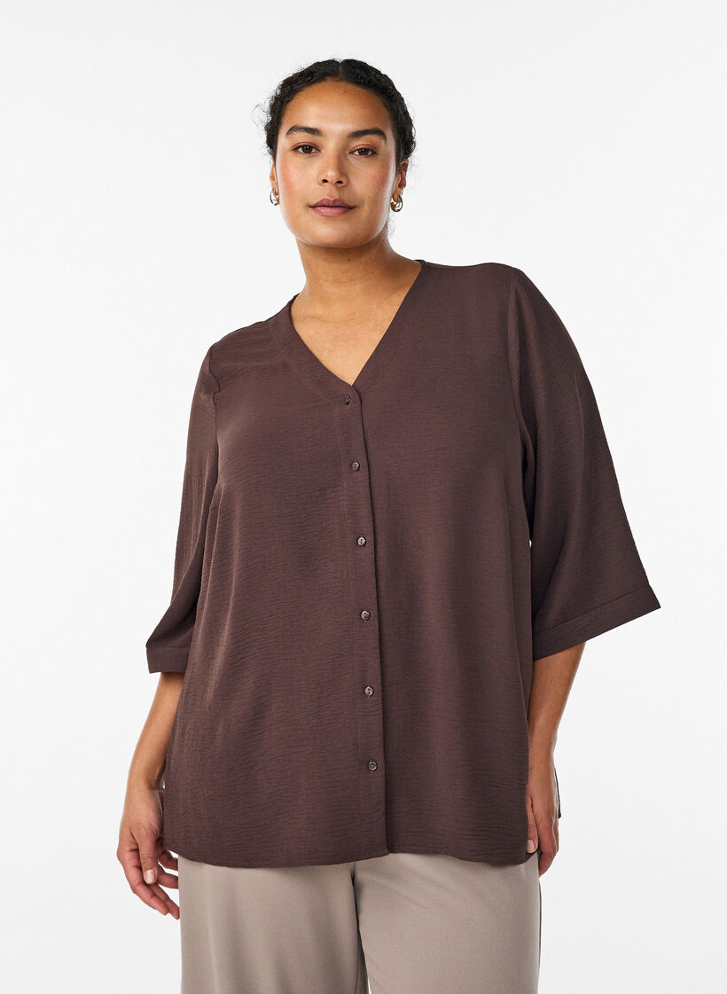 Shirtblouse met V-hals en 3/4 mouwen, Bruin, Model image number 0
