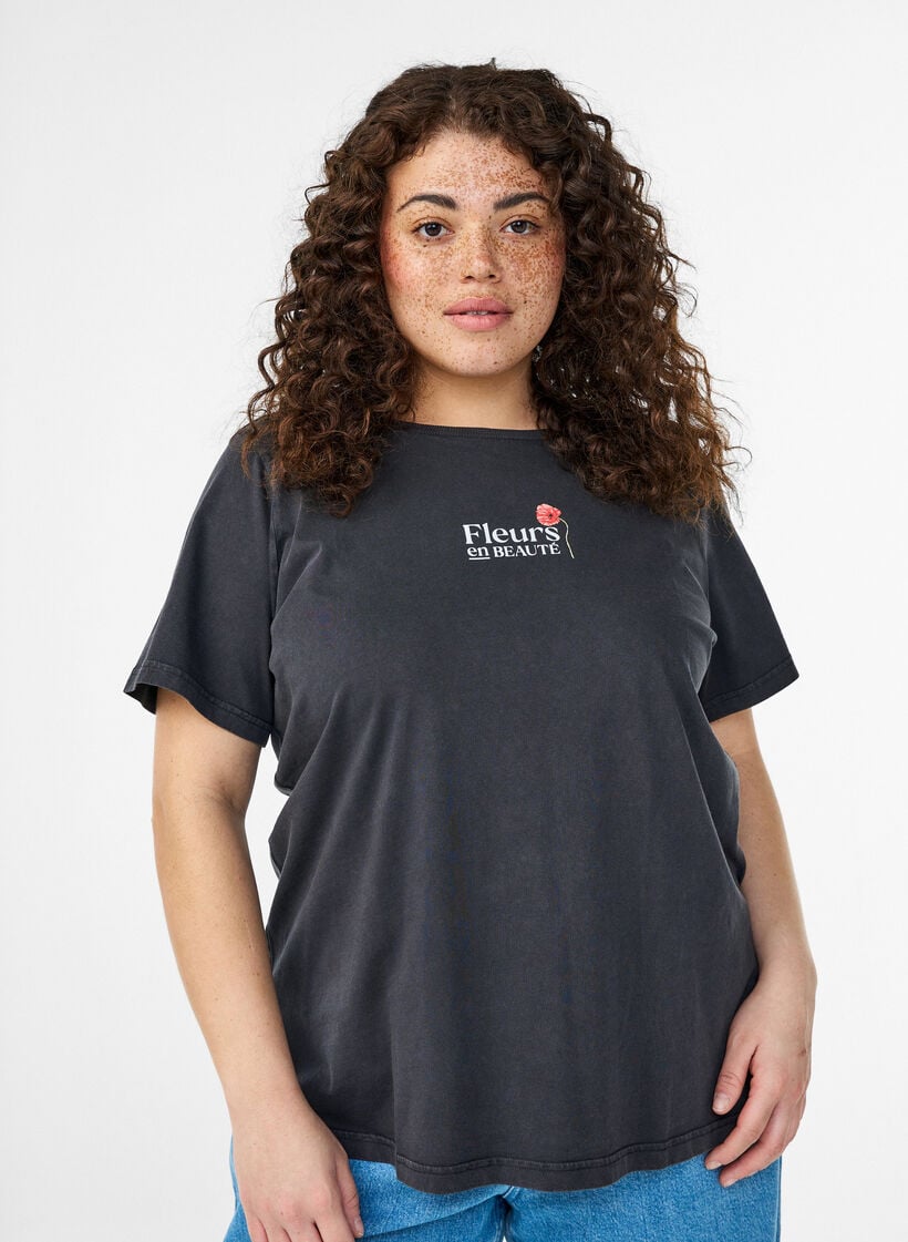 Katoenen T-shirt met print op de voorkant en achterkant, Grijs, Model image number 0