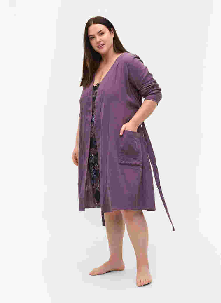 Katoenen badjas met striksluiting, Vintage Violet, Model image number 3