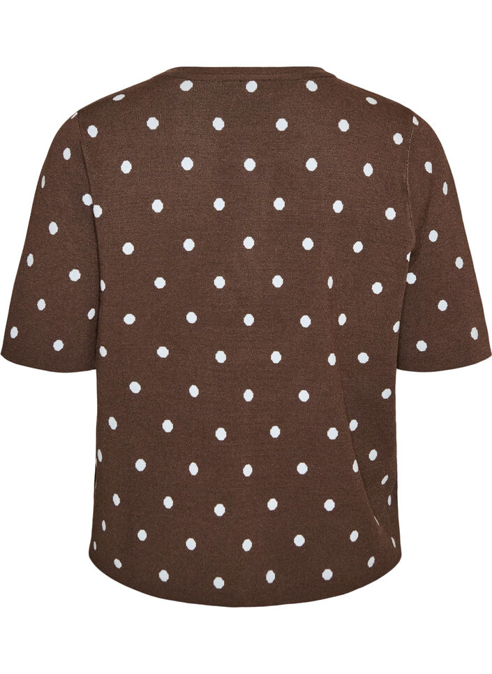 Gebreide blouse met korte mouwen en stippen, Bruin, Packshot image number 1