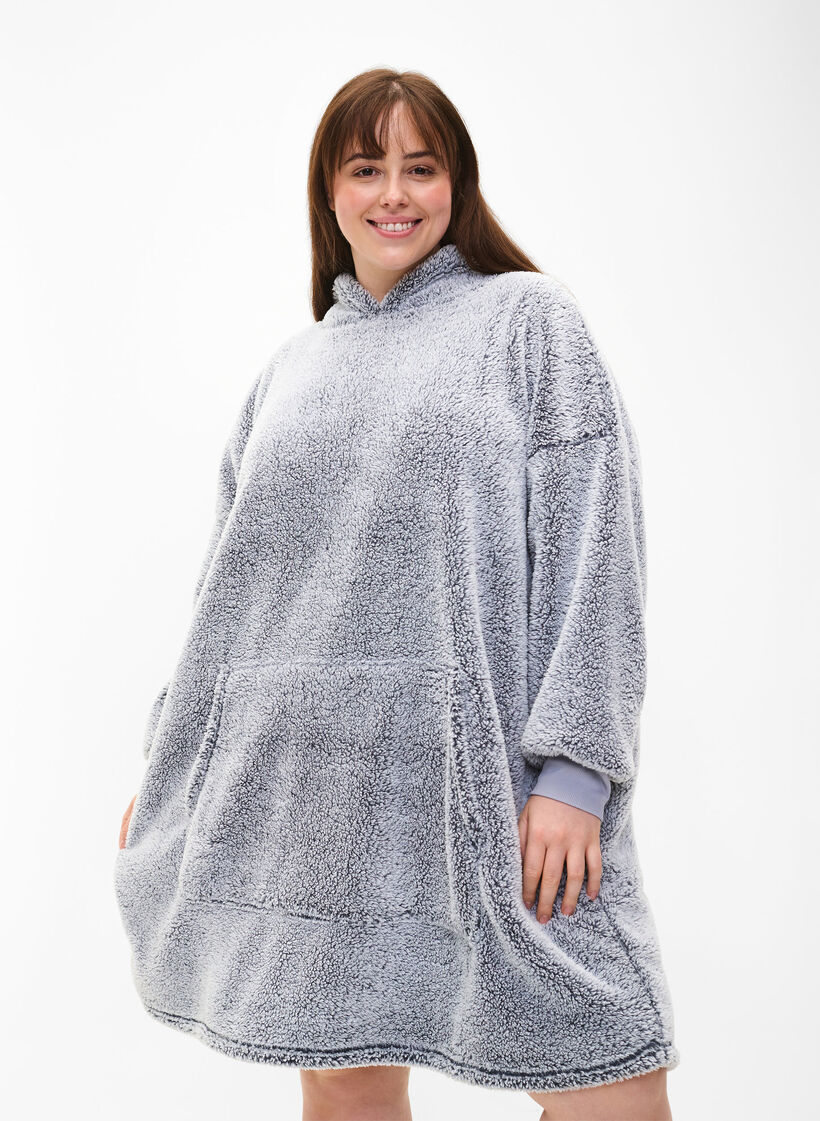 Oversized teddy jurk met zak, Grey Melange, Model image number 0