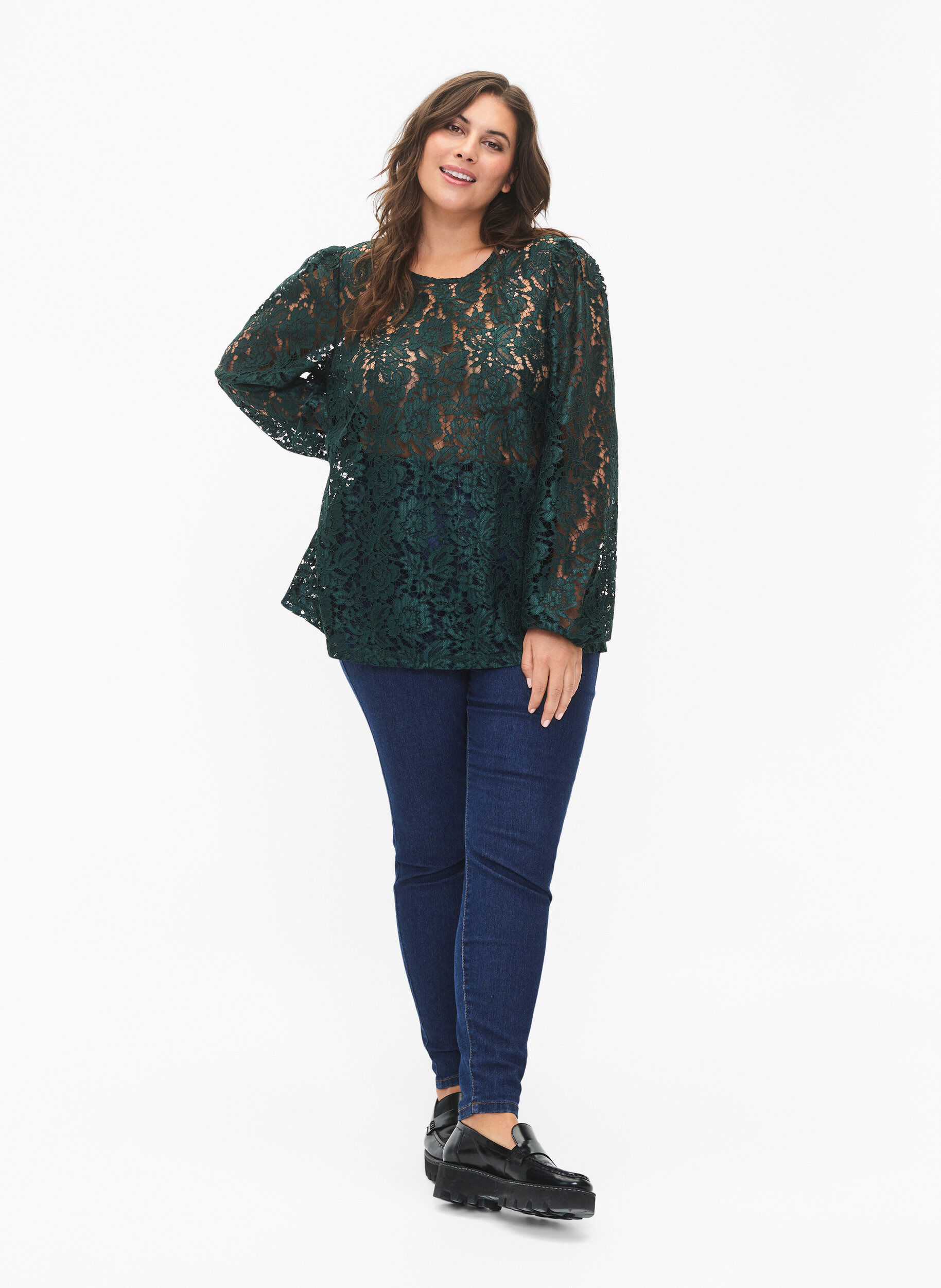 Zizzi FLASH - Kanten blouse met lange mouwen, Scarab, Model image number 2