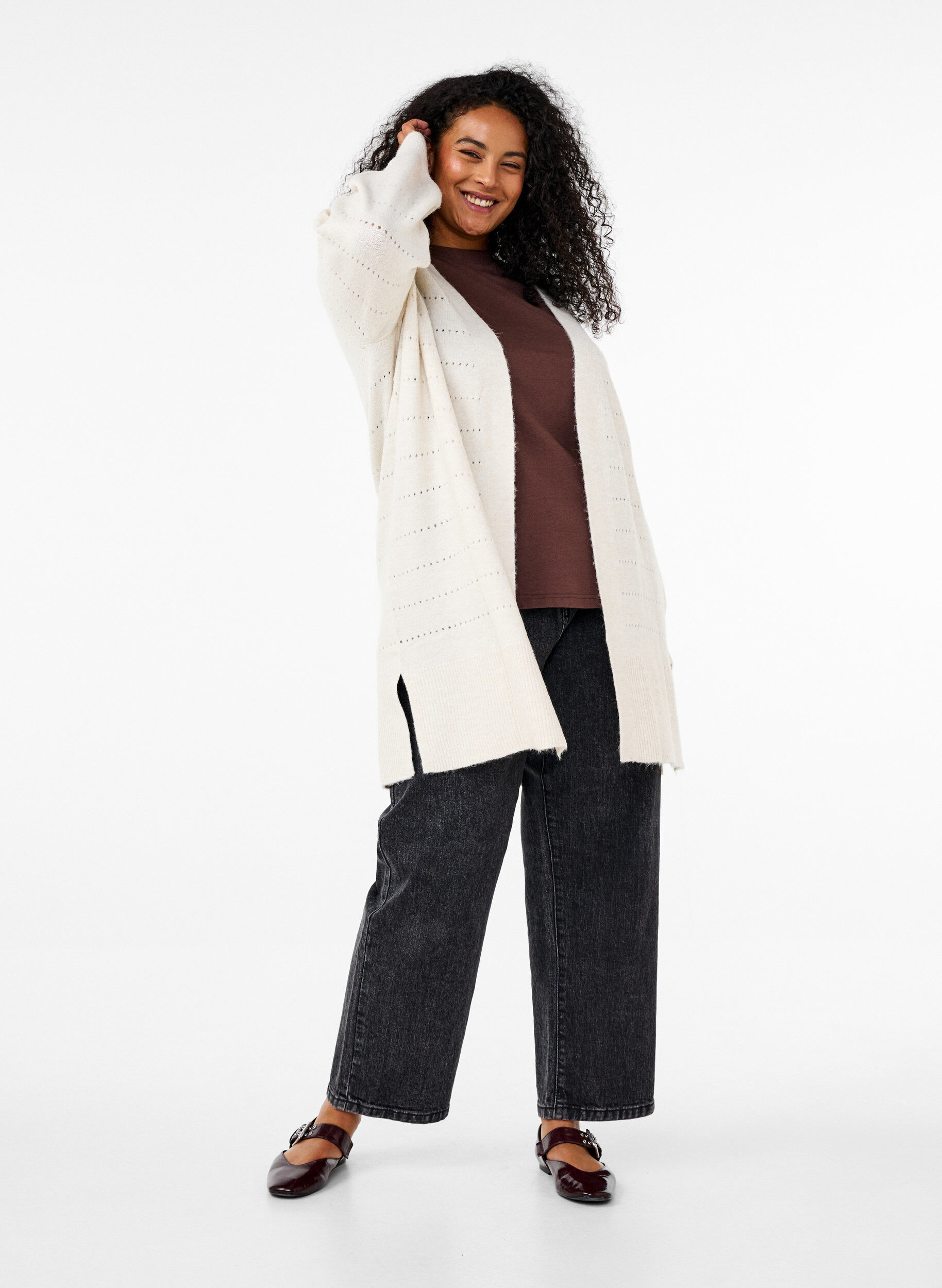 Zizzi Lange gebreide cardigan met een kantpatroon, Birch Mel., Model image number 2