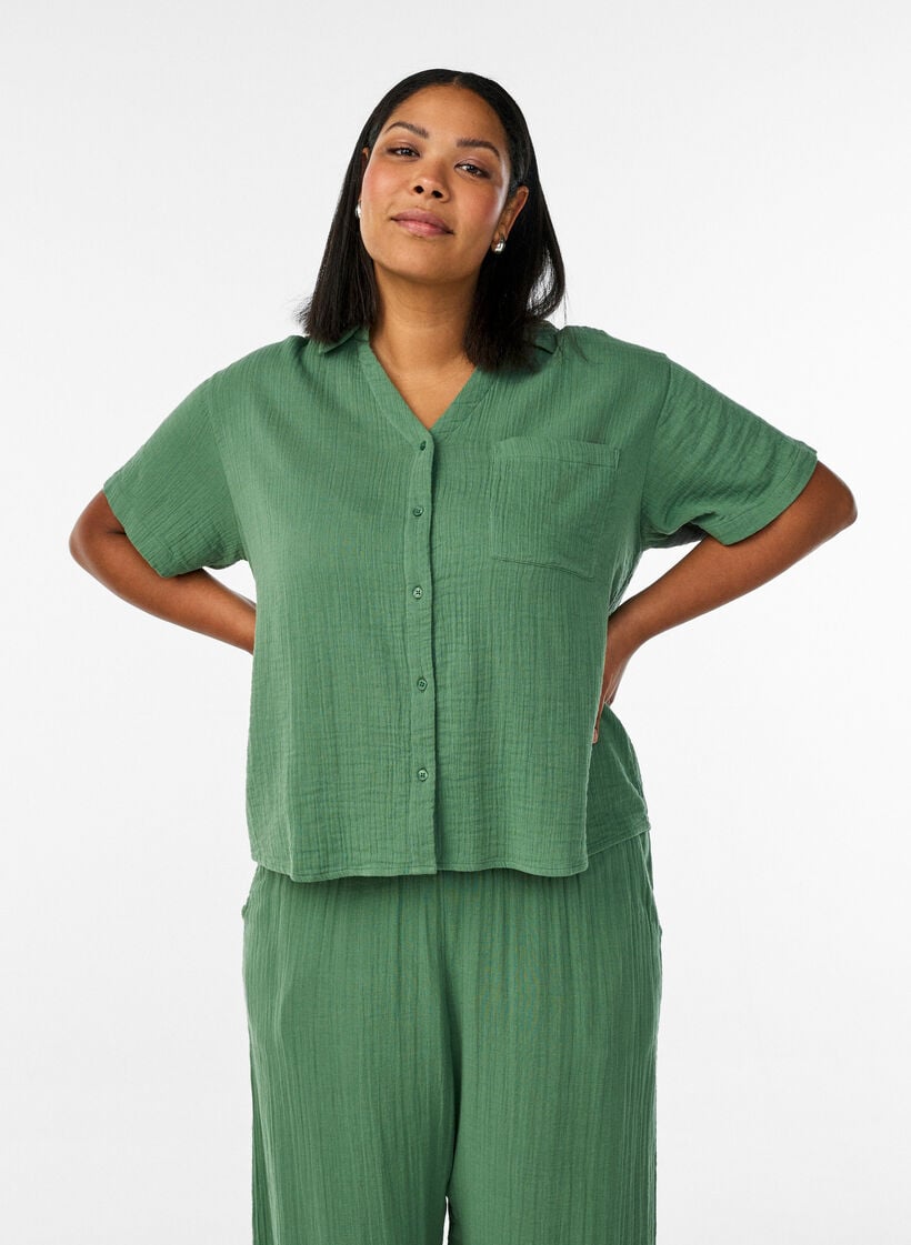 Katoenen mousseline blouse met korte mouwen, Groen, Model image number 0