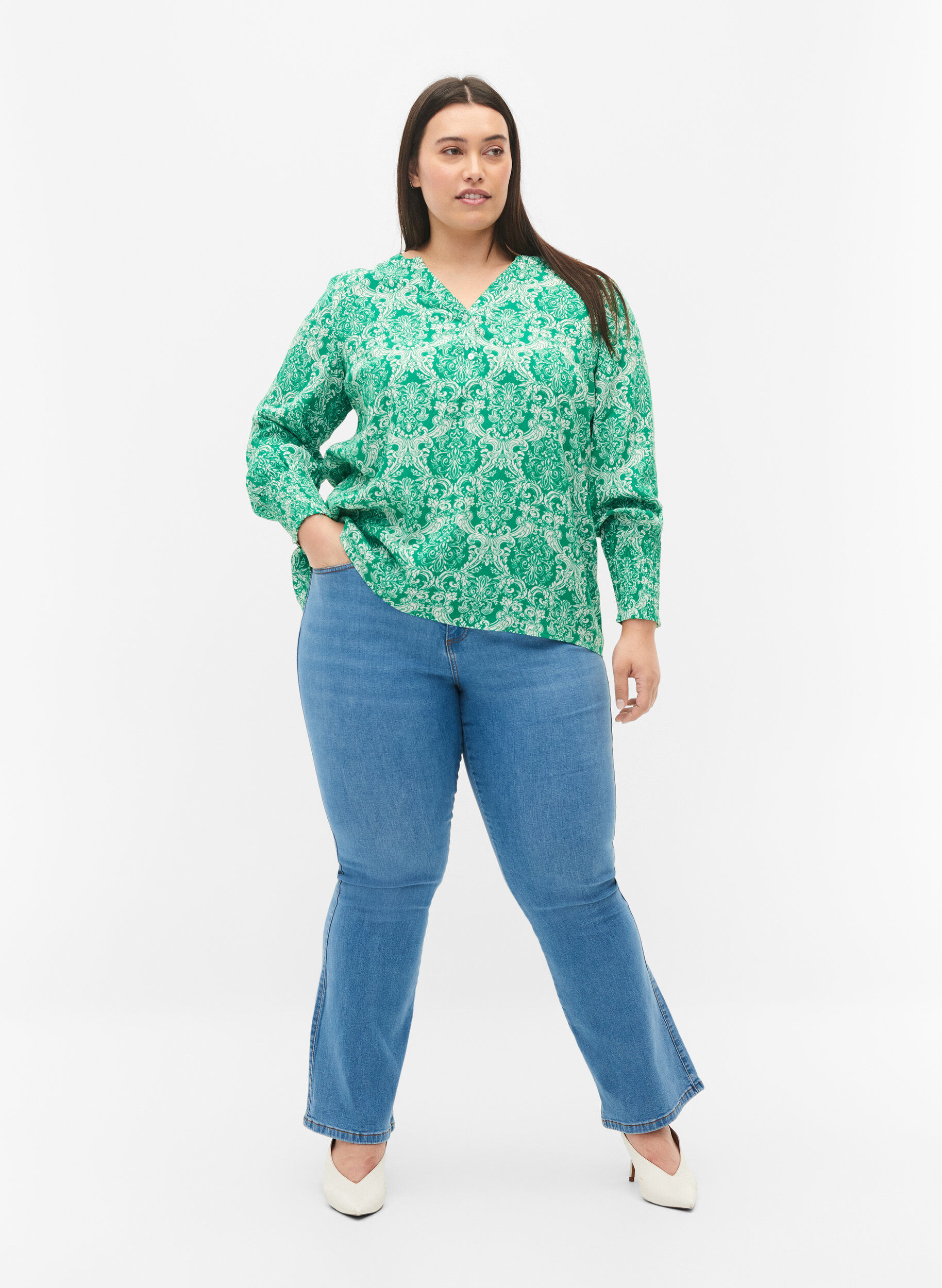 Zizzi Bedrukte viscose top met smok, Jolly Green Oriental, Model image number 2