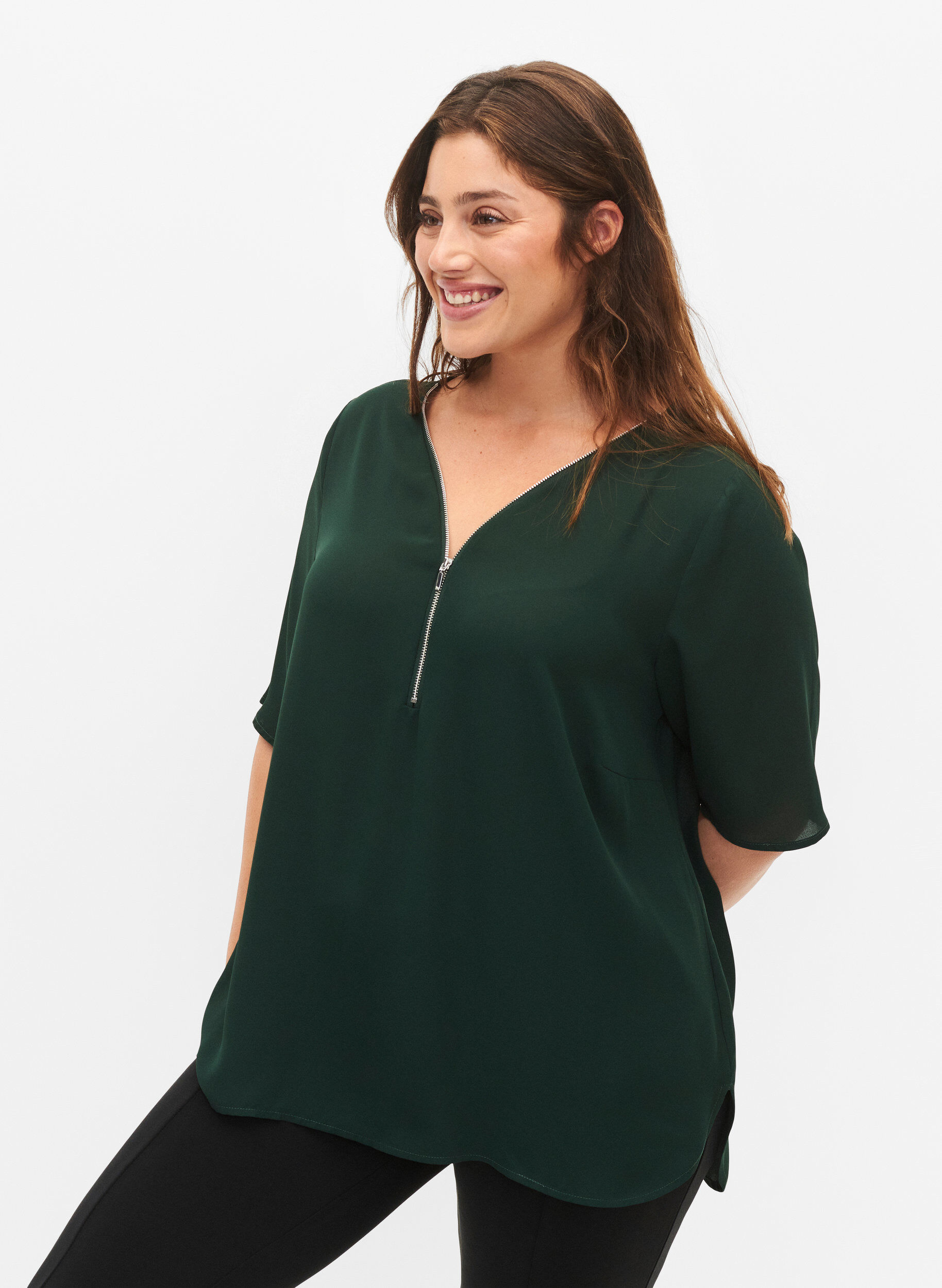 Zizzi V-hals blouse met rits, Scarab, Model image number 0